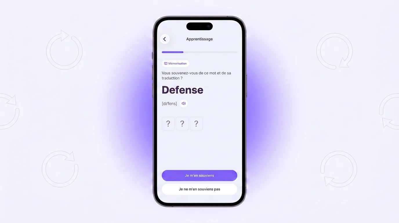 Entraînement dans VibeLing : vérifier si vous vous souvenez du mot Defense et de sa traduction