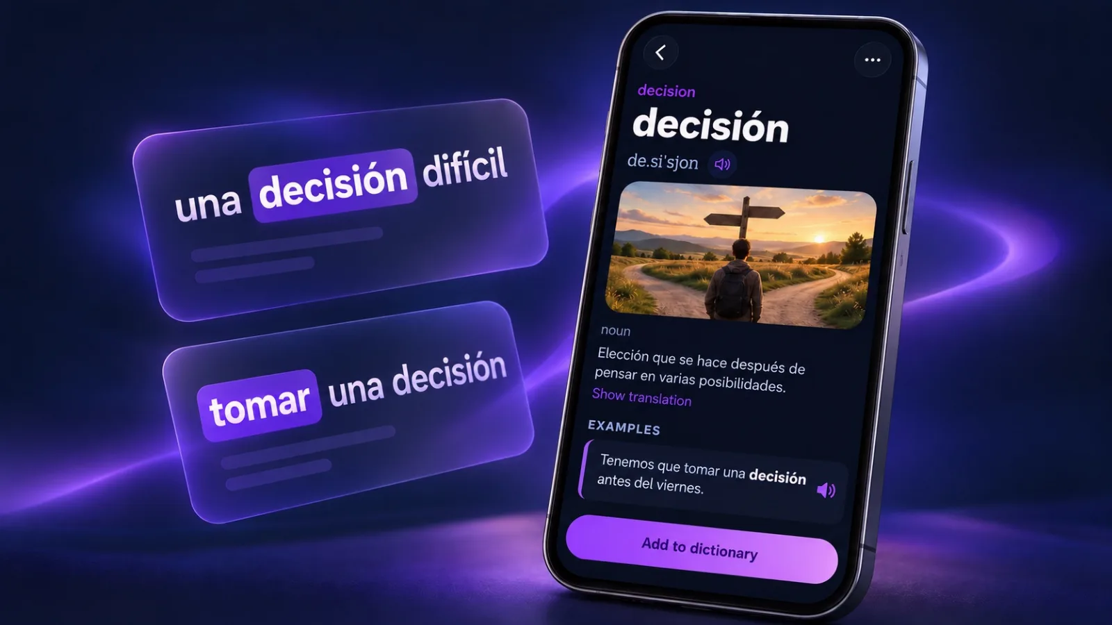 Word card for decisión with an example in VibeLing