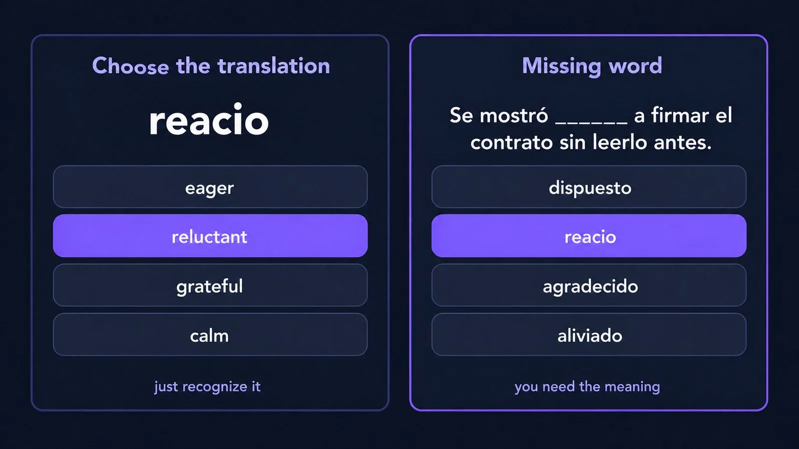 Two tasks compared: choosing the translation vs the missing word, using the word reacio
