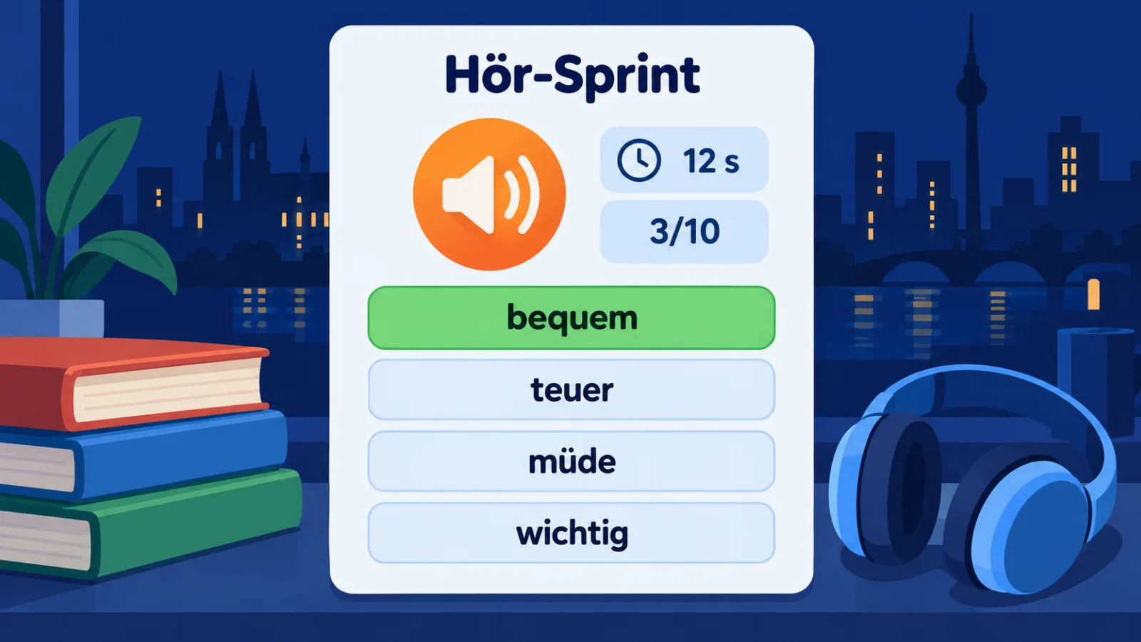 Spiel Hör-Sprint: das Wort erklingt, in 12 Sekunden die Übersetzung wählen