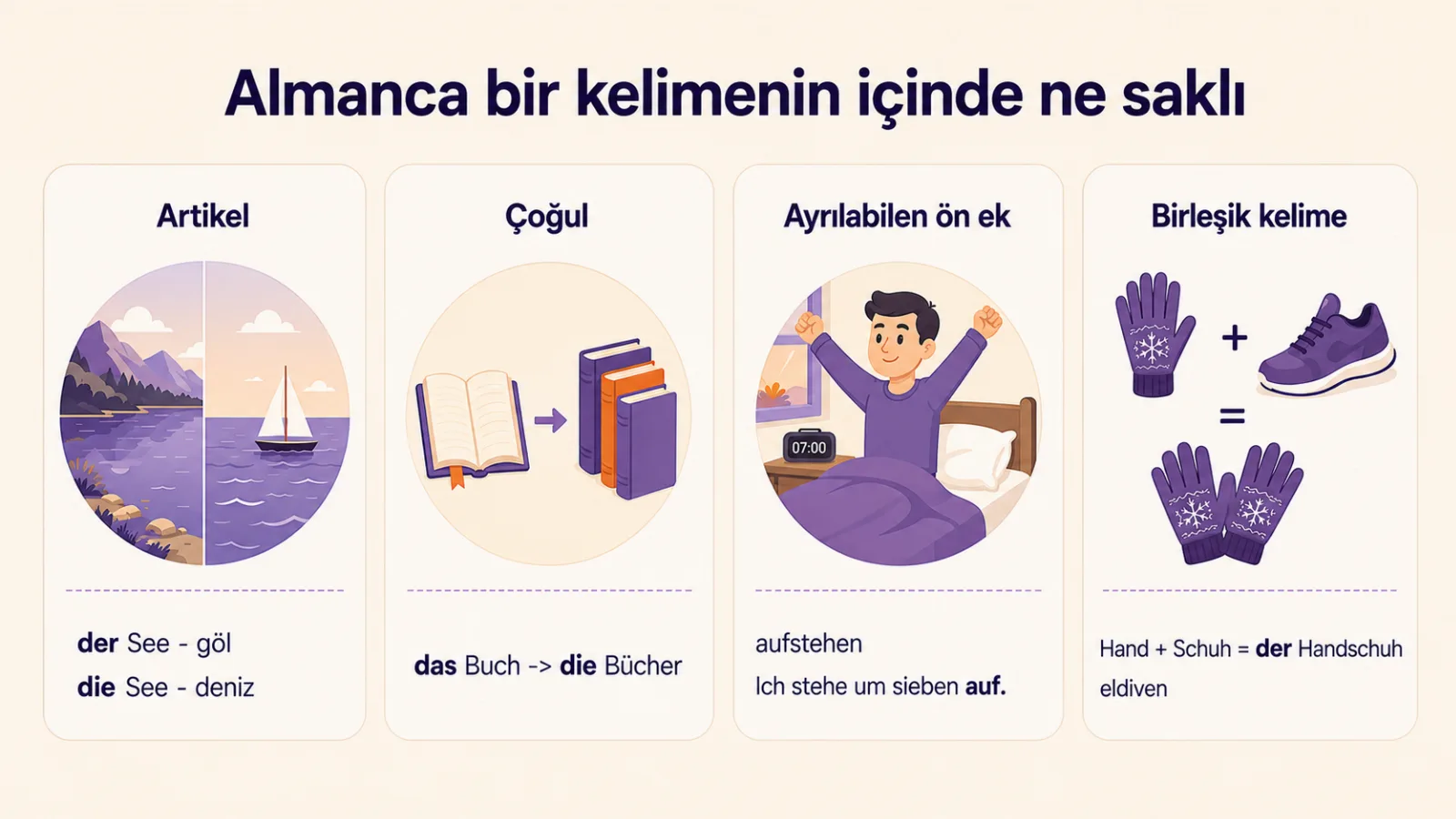 Almanca bir kelimenin içinde ne saklı: artikel, çoğul, ayrılabilen ön ek, birleşik kelime