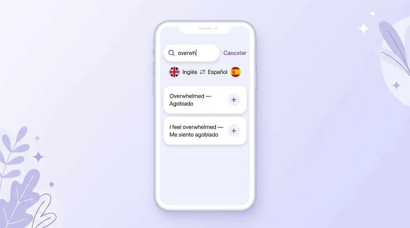Pantalla de VibeLing: guardando la palabra overwhelmed con su traducción