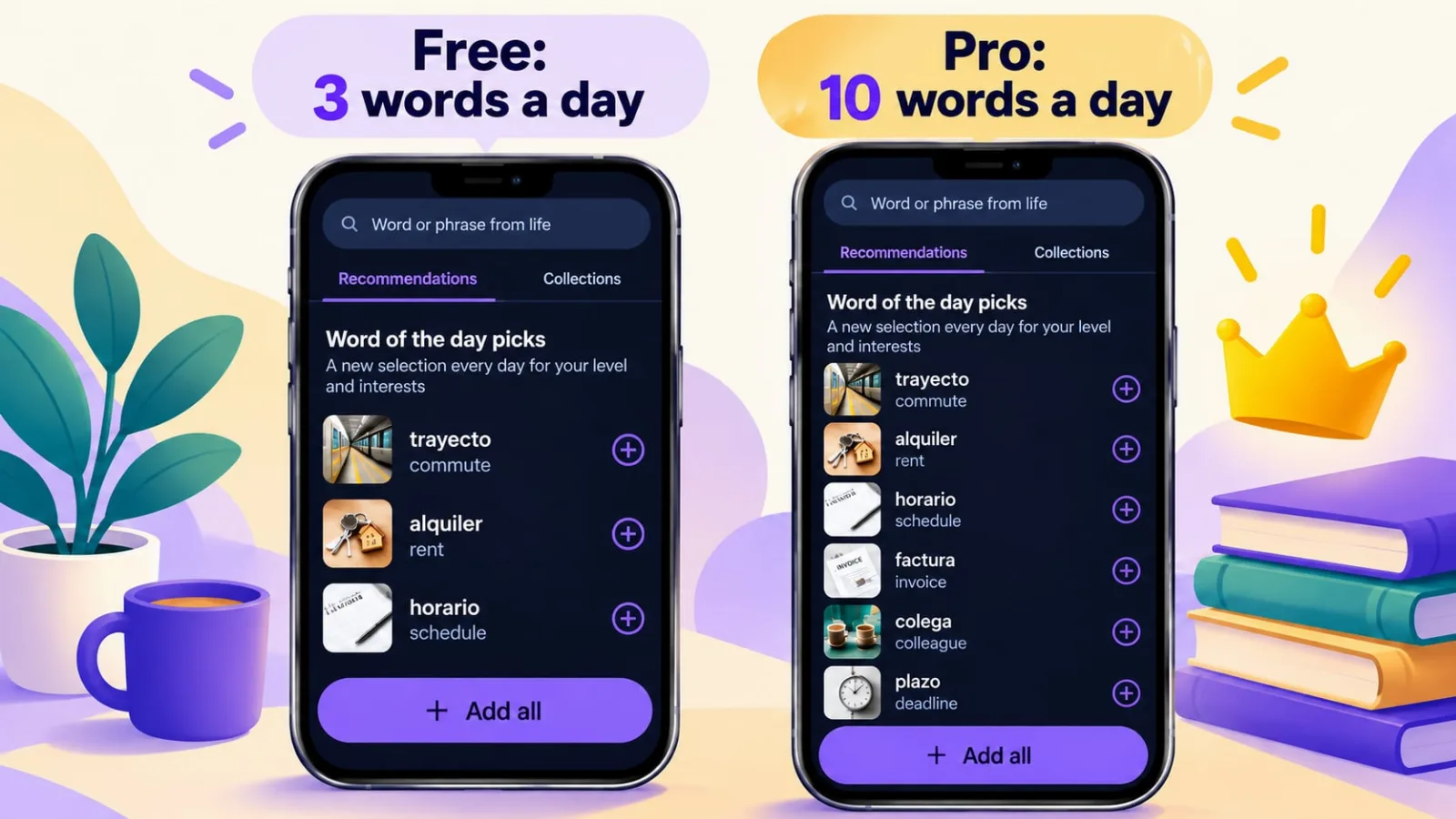 VibeLing word recommendations: 3 a day free, 10 in Pro