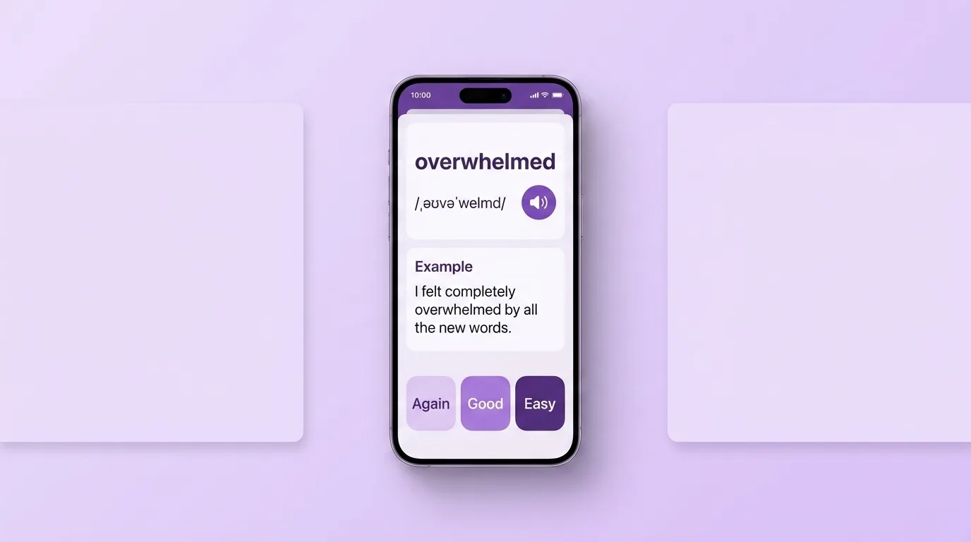 Ficha de la palabra inglesa overwhelmed con transcripción, audio y ejemplo de uso