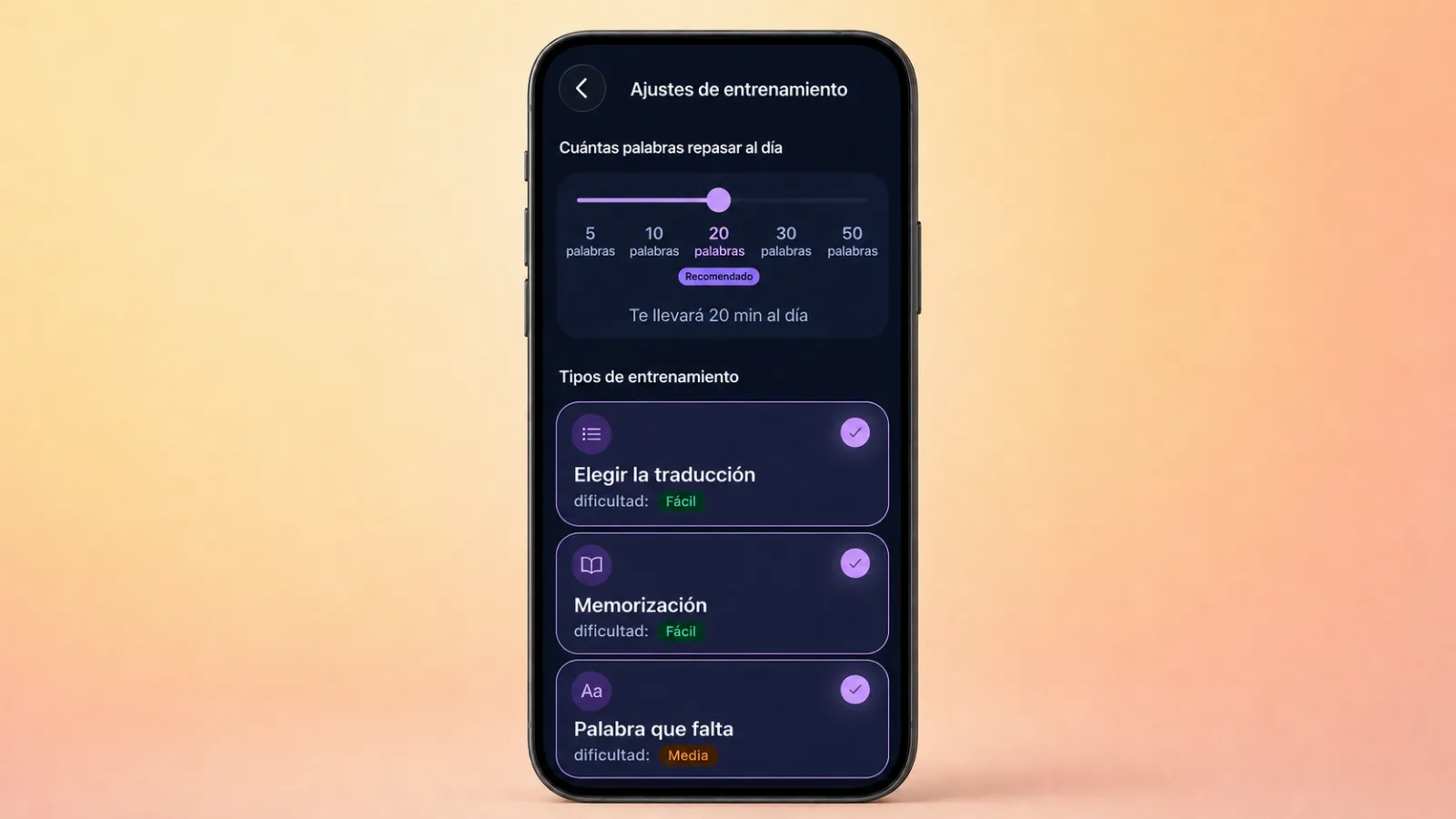 Ajustar la meta diaria de palabras en VibeLing: 20 palabras son 20 minutos al día