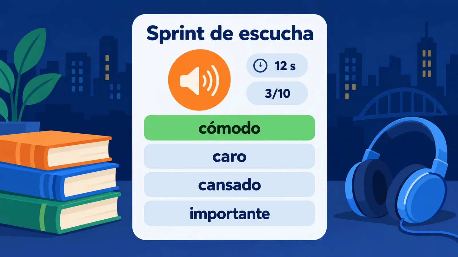 Juego Sprint de escucha: la palabra suena y hay que elegir la traducción en 12 segundos