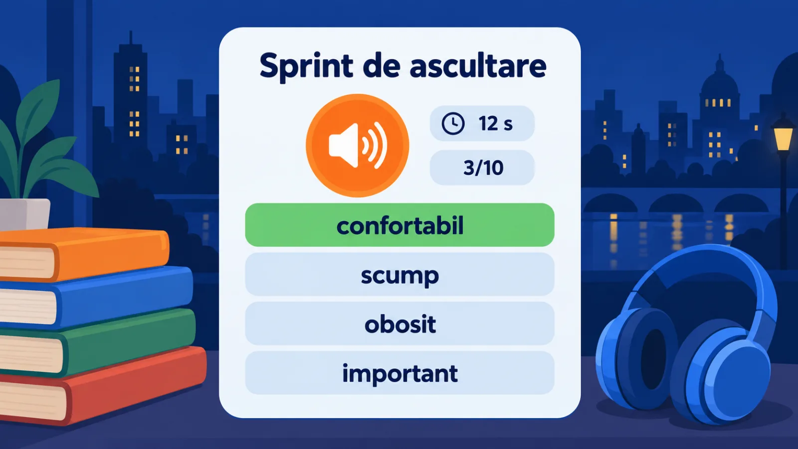 Jocul Sprint de ascultare: cuvântul se aude, alegi traducerea în 12 secunde