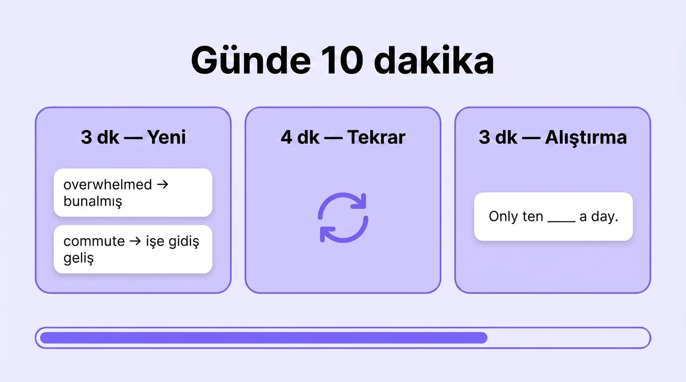 Günde on dakika üç bloğa bölünmüş: yeni, tekrar ve alıştırma