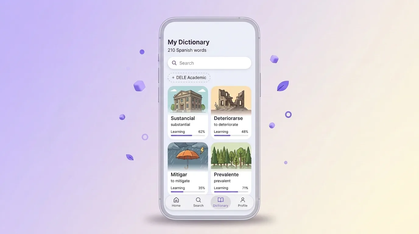 VibeLing dictionary screen with a DELE Academic collection of Spanish words