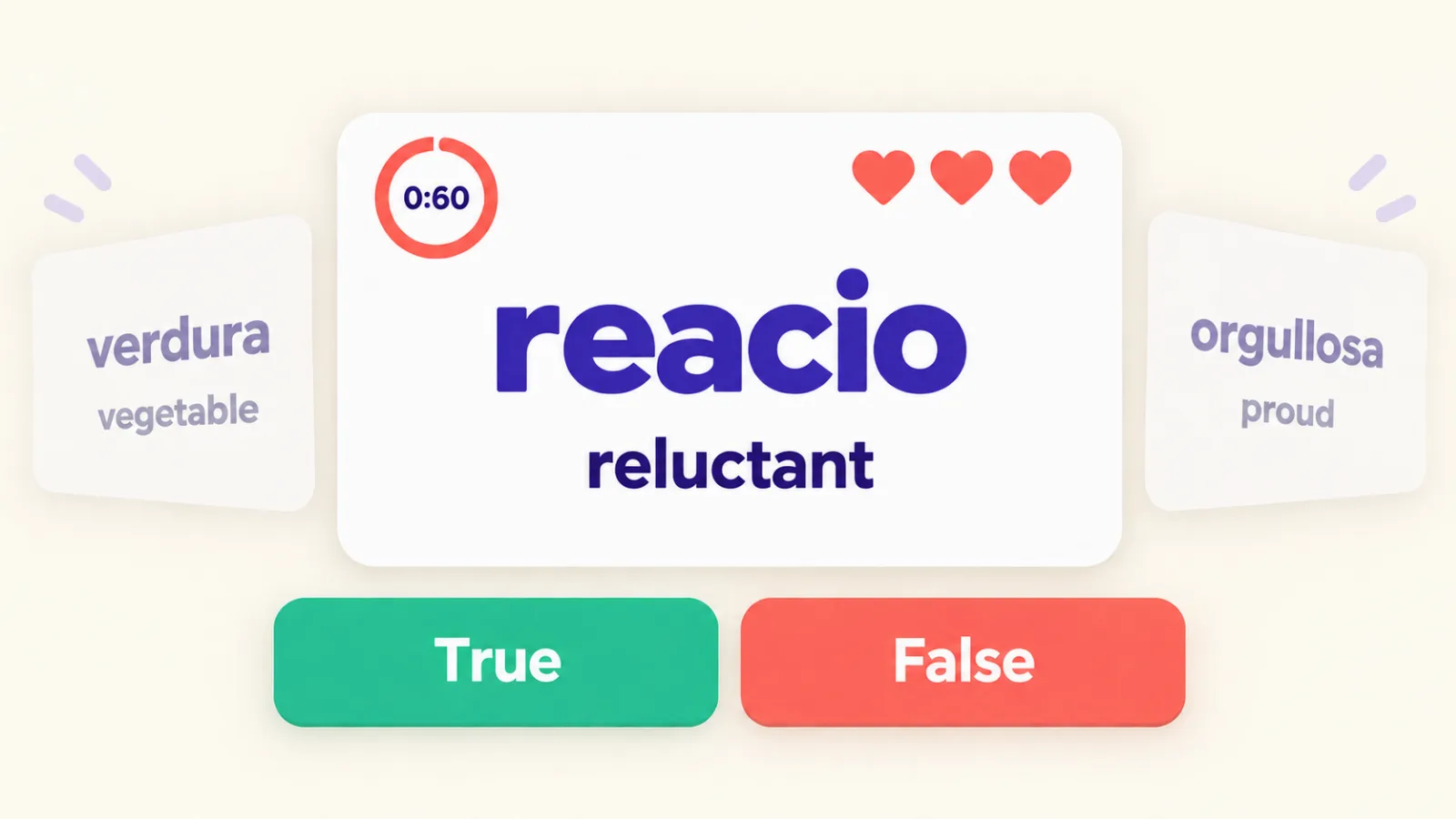 True or false game: the word reacio, the translation reluctant and the True / False buttons