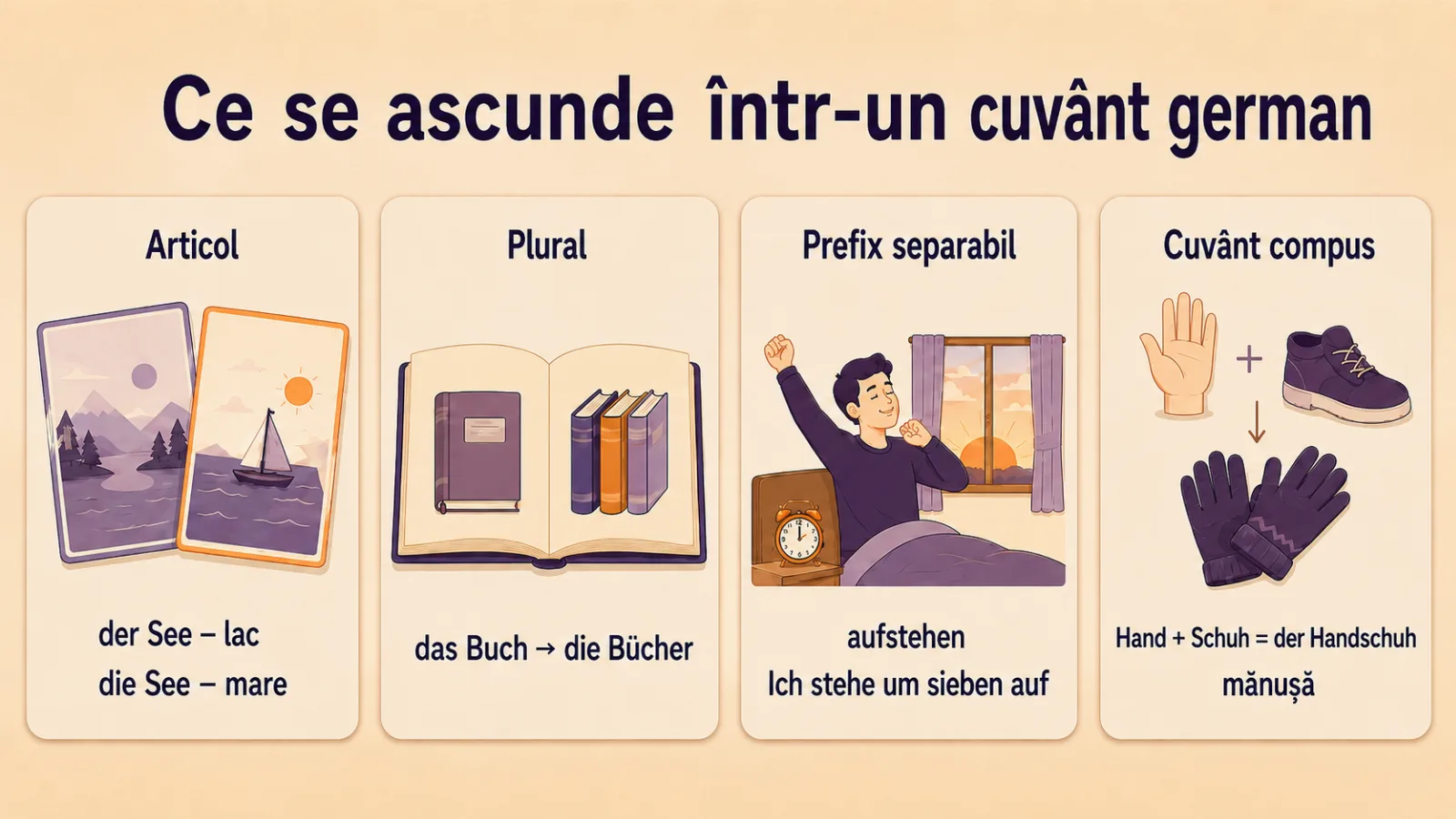 Ce se ascunde într-un cuvânt german: articol, plural, prefix separabil, cuvânt compus