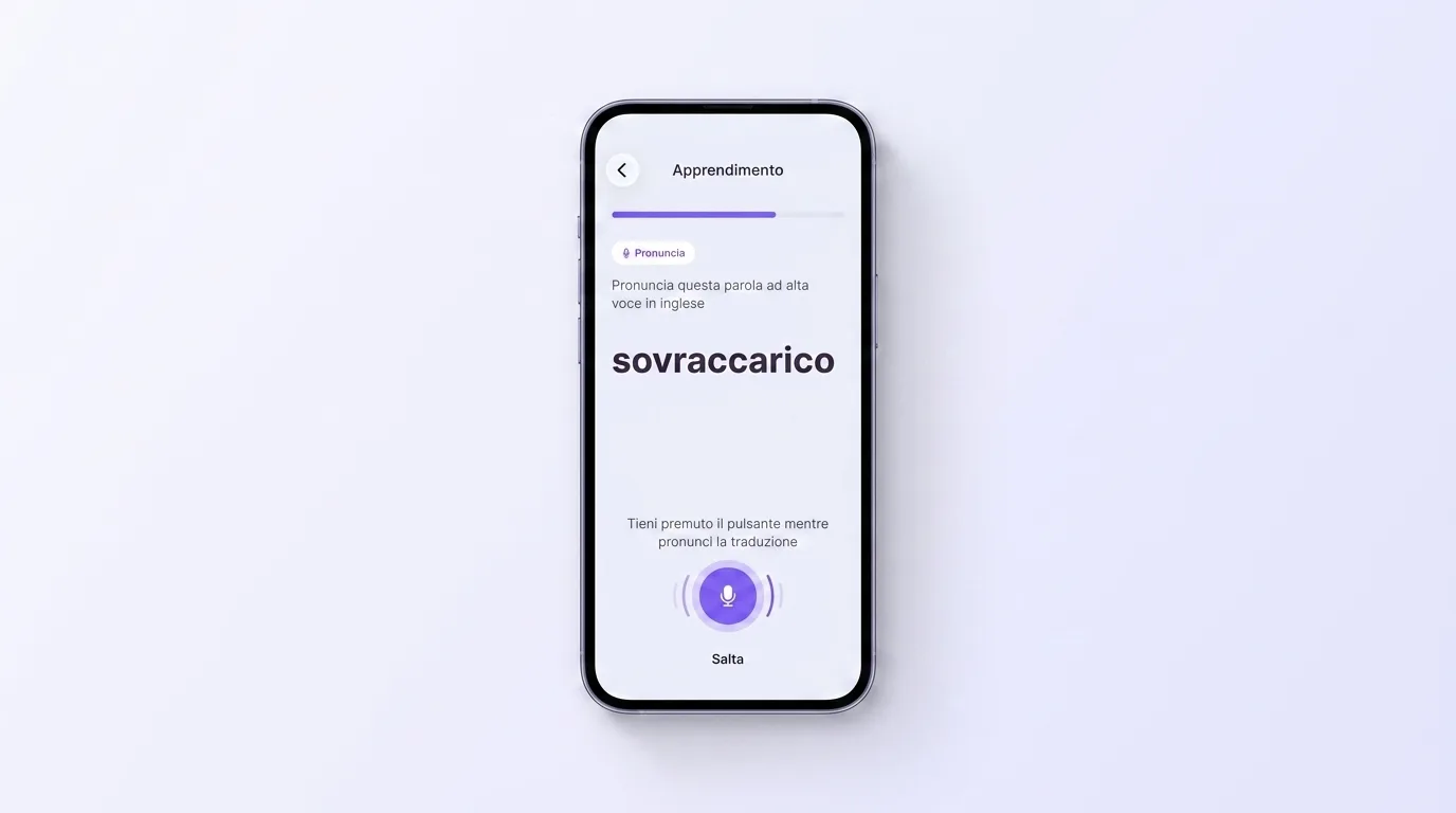 Schermata di allenamento di VibeLing: pronunciare la traduzione ad alta voce al microfono