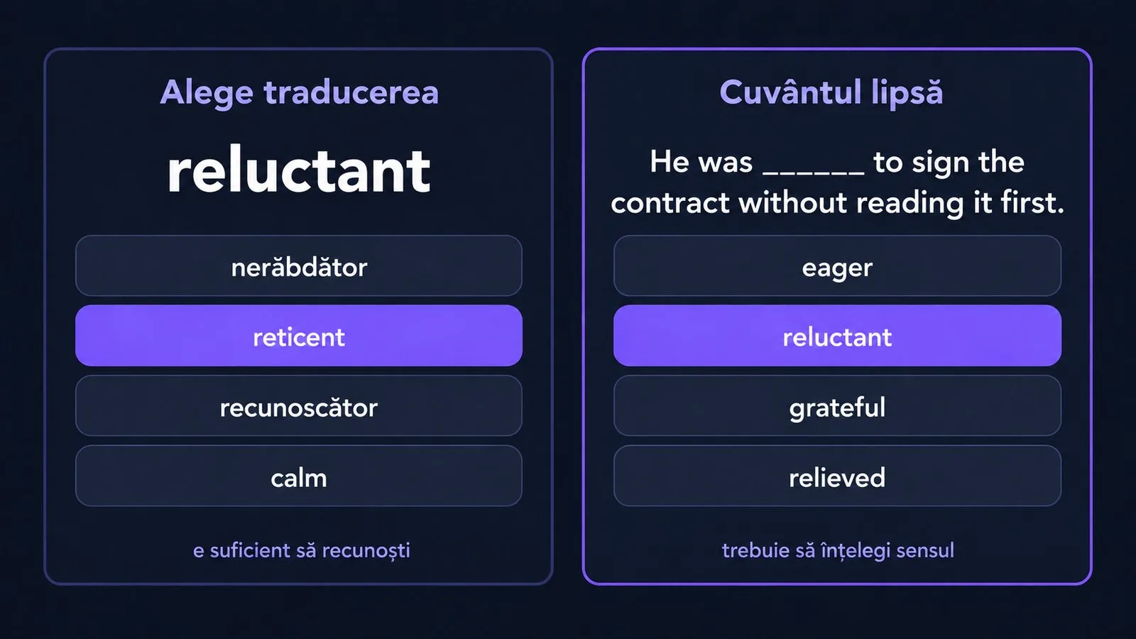 Două sarcini comparate: alegerea traducerii și cuvântul lipsă pe cuvântul reluctant
