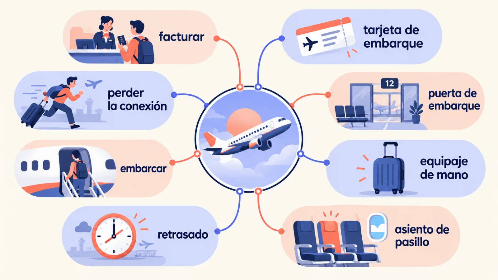 Airport word map in Spanish: facturar, tarjeta de embarque, puerta de embarque