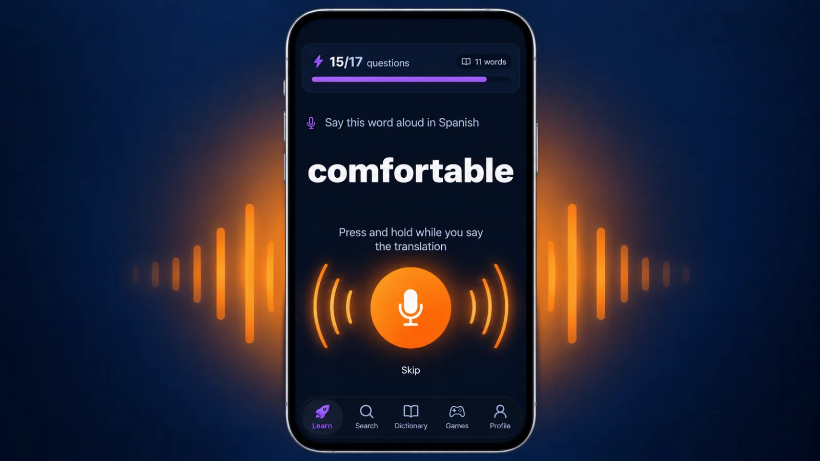 Pronunciation exercise in VibeLing: the word comfortable and the microphone button
