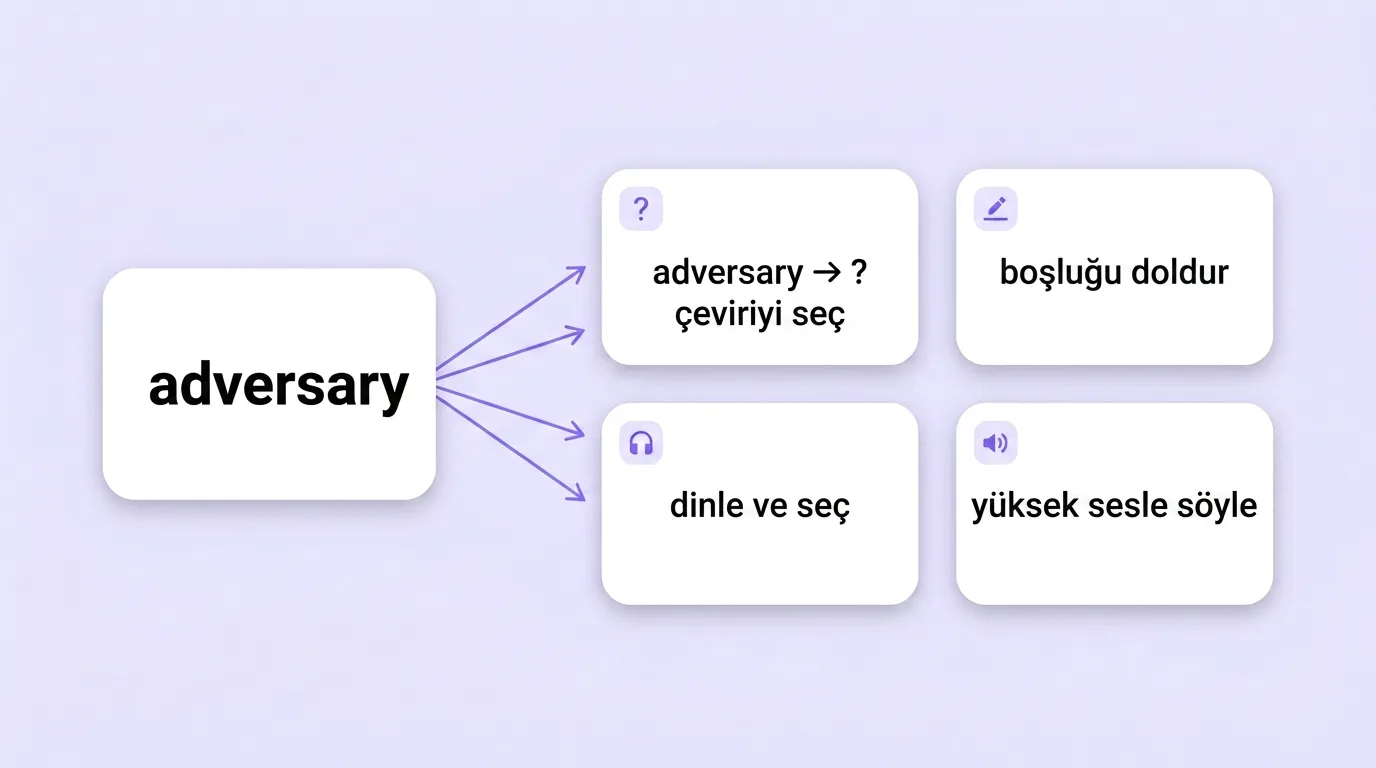 Tek bir İngilizce kelime dört farklı alıştırmaya dönüşüyor