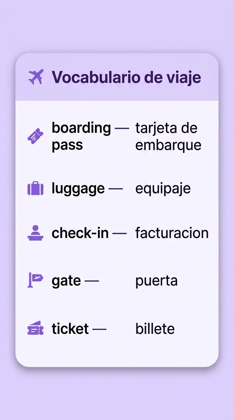 Guia de viaje: palabras en ingles con su traduccion (boarding pass, luggage, check-in, gate, ticket)