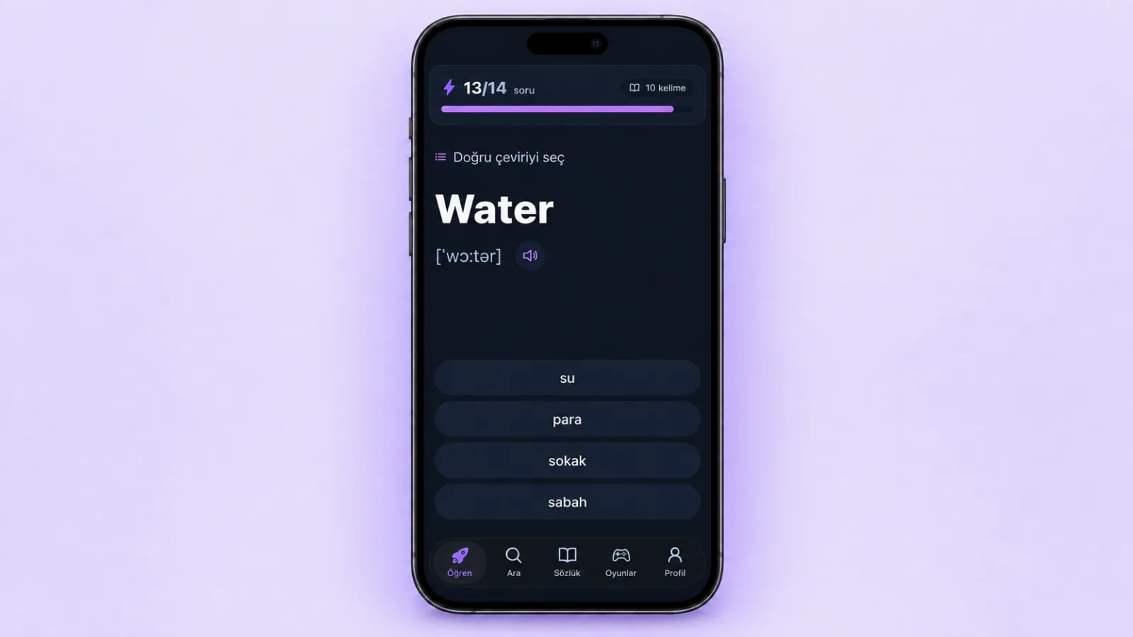Water kelimesiyle VibeLing alıştırma ekranı