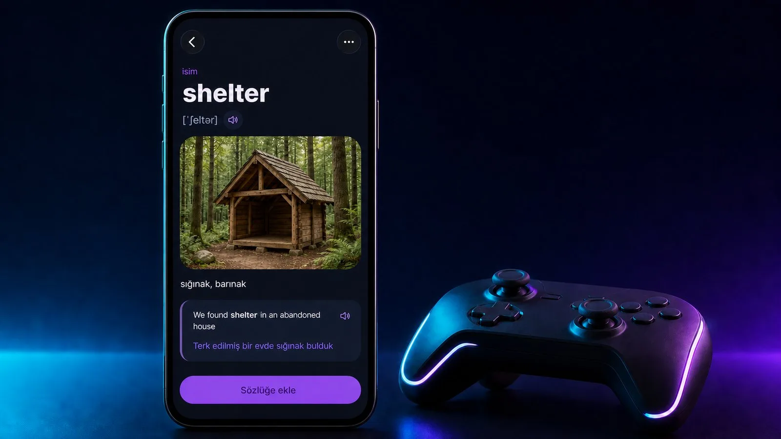 VibeLing uygulamasında shelter kelime kartı
