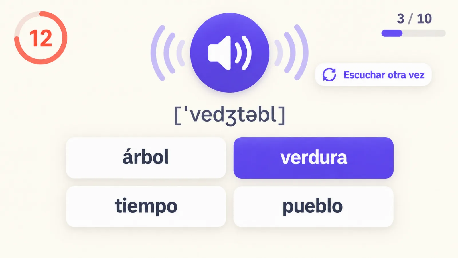 Juego «Sprint de escucha»: la palabra suena en voz alta y hay cuatro traducciones en pantalla