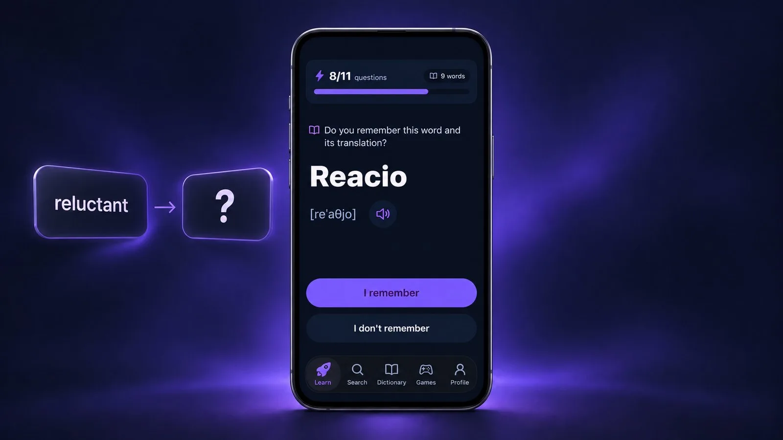 Recall mode in VibeLing: the word Reacio with I remember / I don't remember buttons