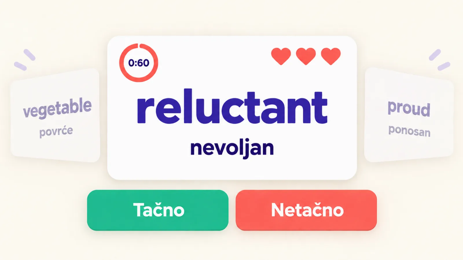 Igra „Tačno ili netačno“: reč reluctant, prevod „nevoljan“ i dugmad „Tačno“ / „Netačno“