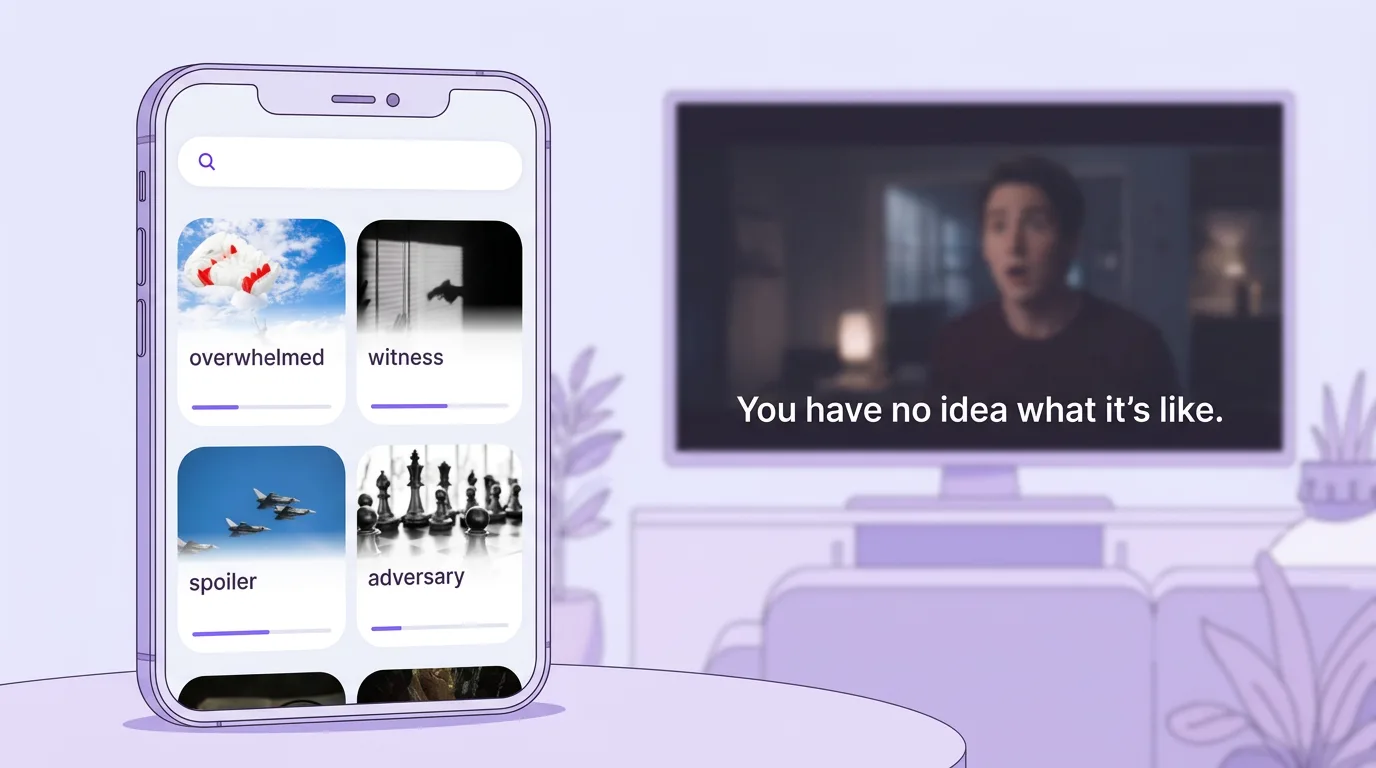 Pantalla del diccionario personal de VibeLing con palabras cazadas en una serie y un televisor con subtítulos en inglés