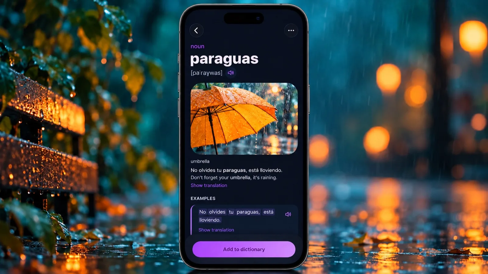 Word card for paraguas with a picture in the VibeLing app