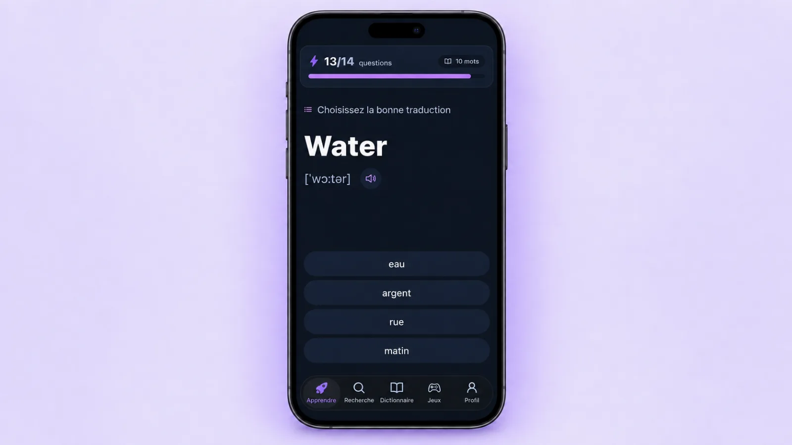 Écran d'entraînement VibeLing avec le mot Water