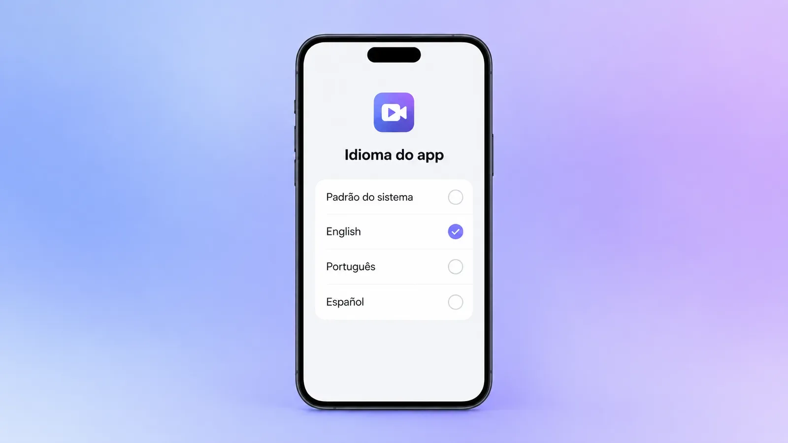 Tela de escolha do idioma de um app