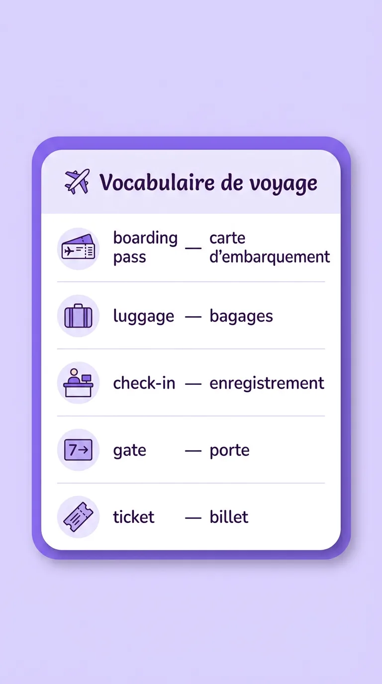 Guide de conversation de voyage : mots anglais avec traduction (boarding pass, luggage, check-in, gate, ticket)