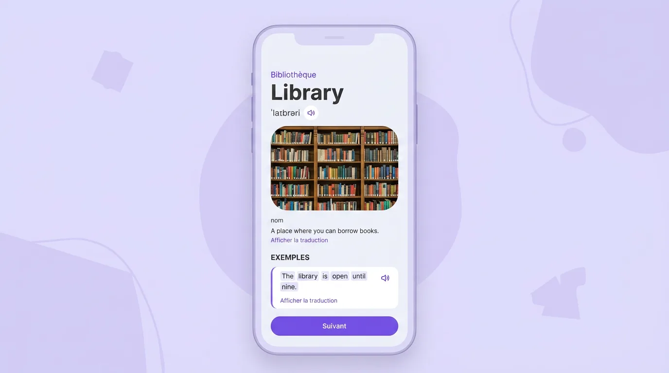 Fiche du mot library dans VibeLing : traduction, transcription, définition et exemple