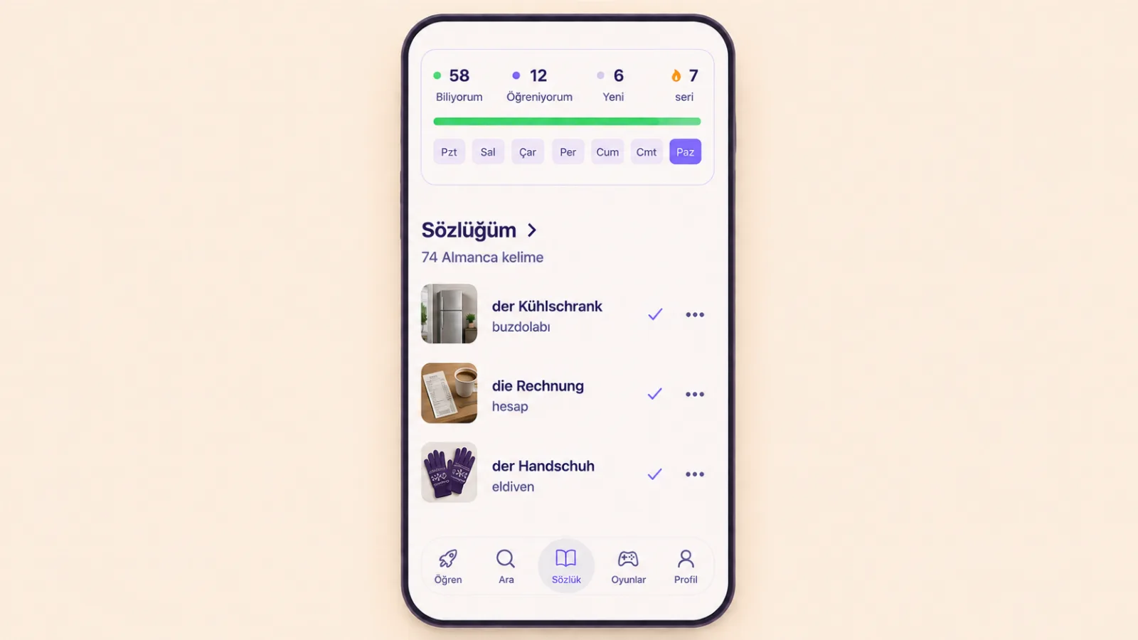 VibeLing'de Almanca kelimelerin bulunduğu Sözlüğüm ekranı
