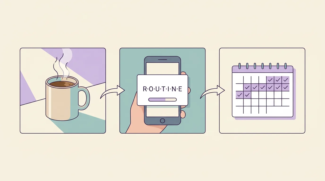 Il ciclo dell'abitudine quotidiana: una tazza di caffè come innesco, una breve sessione di parole sul telefono, una spunta sul calendario