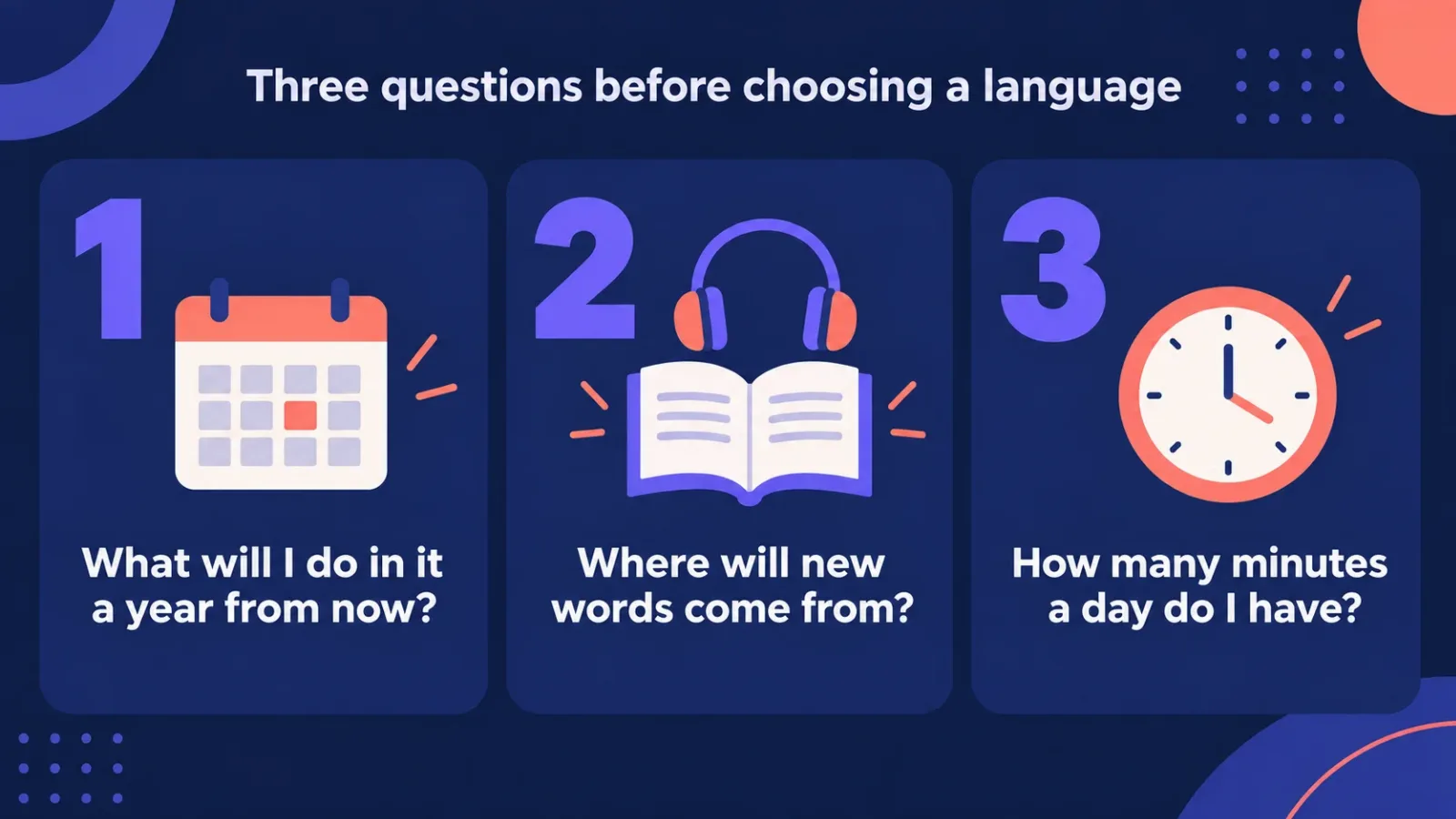 Three questions before choosing a language: what you will do in it a year from now, where words will come from, how many minutes a day you have