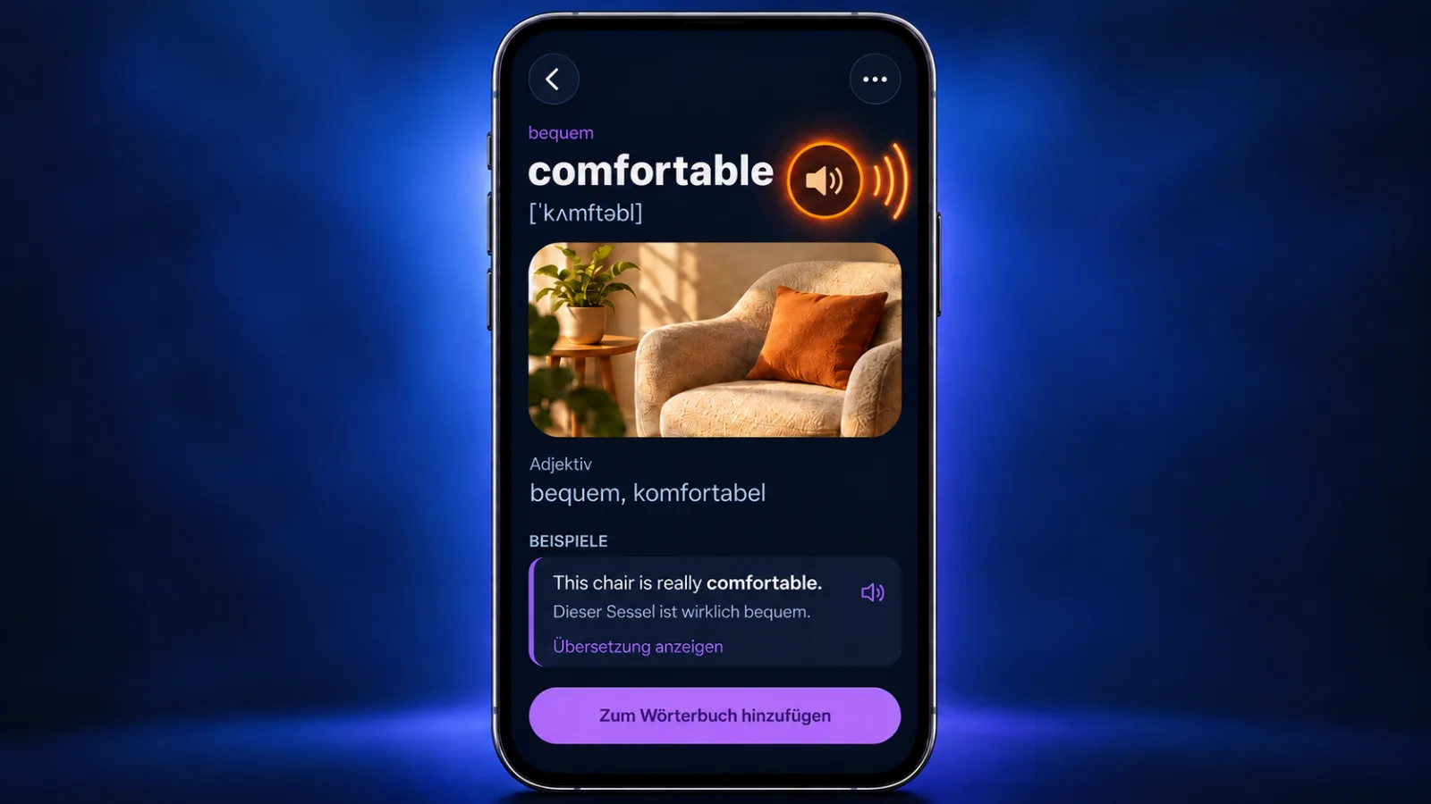 Wortkarte comfortable in VibeLing mit Audio-Button und Lautschrift
