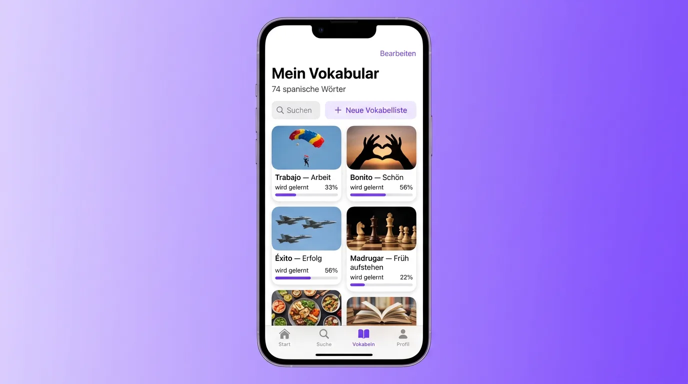 VibeLing-Screen Mein Vokabular auf Deutsch mit vier spanischen Wortkarten und Fortschrittsbalken
