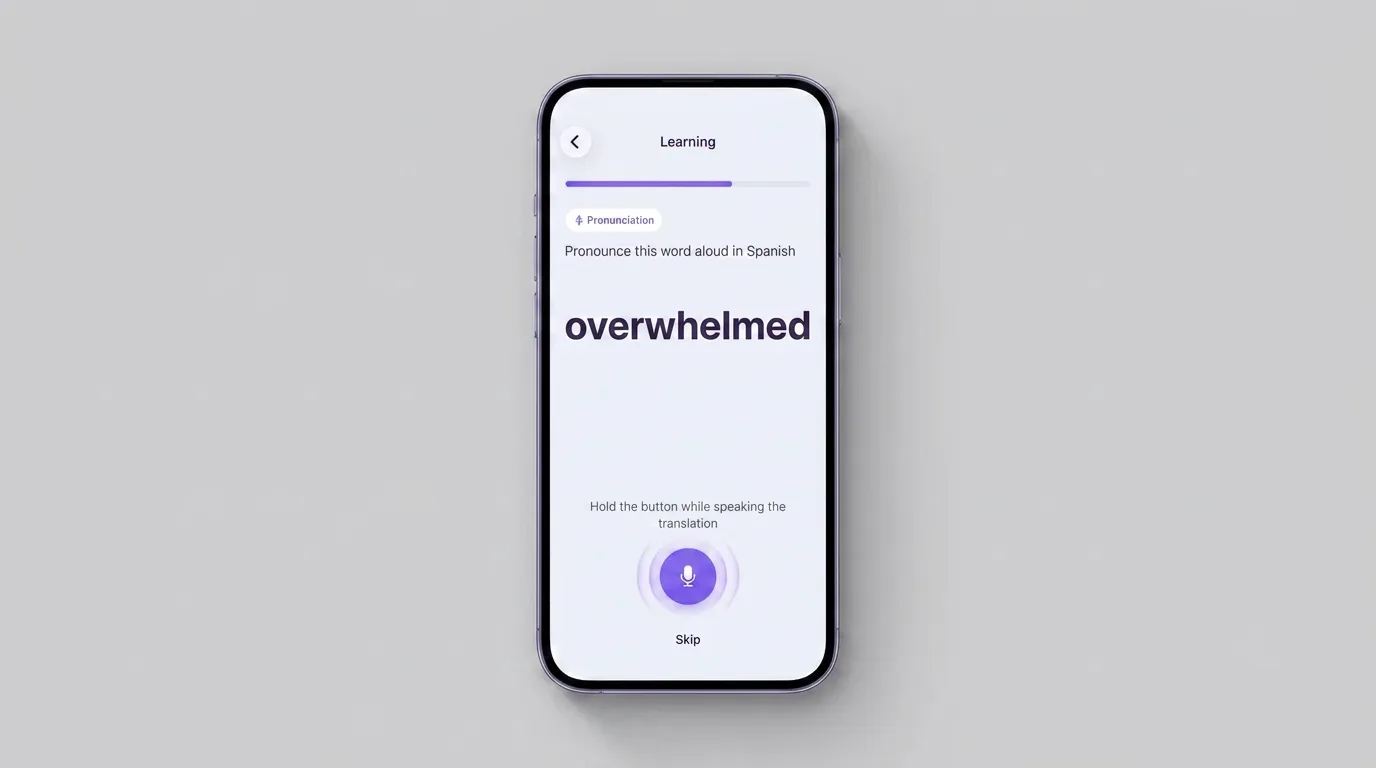 VibeLing training screen: say the translation out loud into the microphone