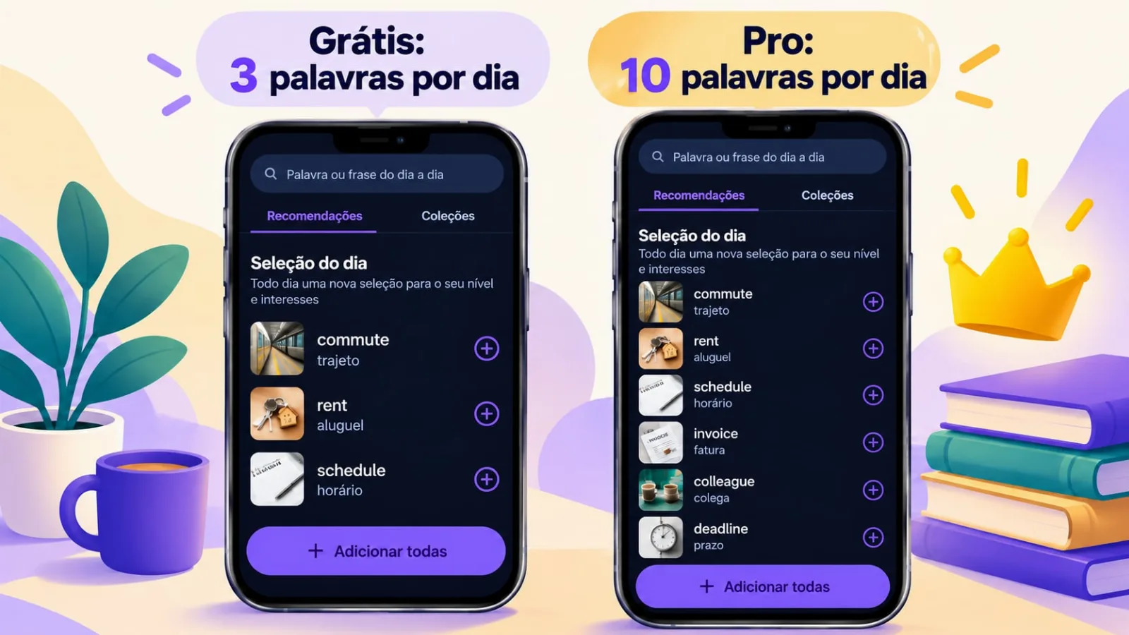 Recomendações de palavras no VibeLing: 3 por dia grátis, 10 no Pro