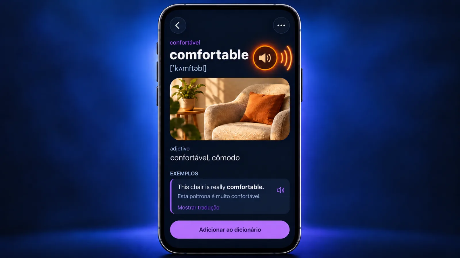 Card da palavra comfortable no VibeLing com botão de áudio e transcrição