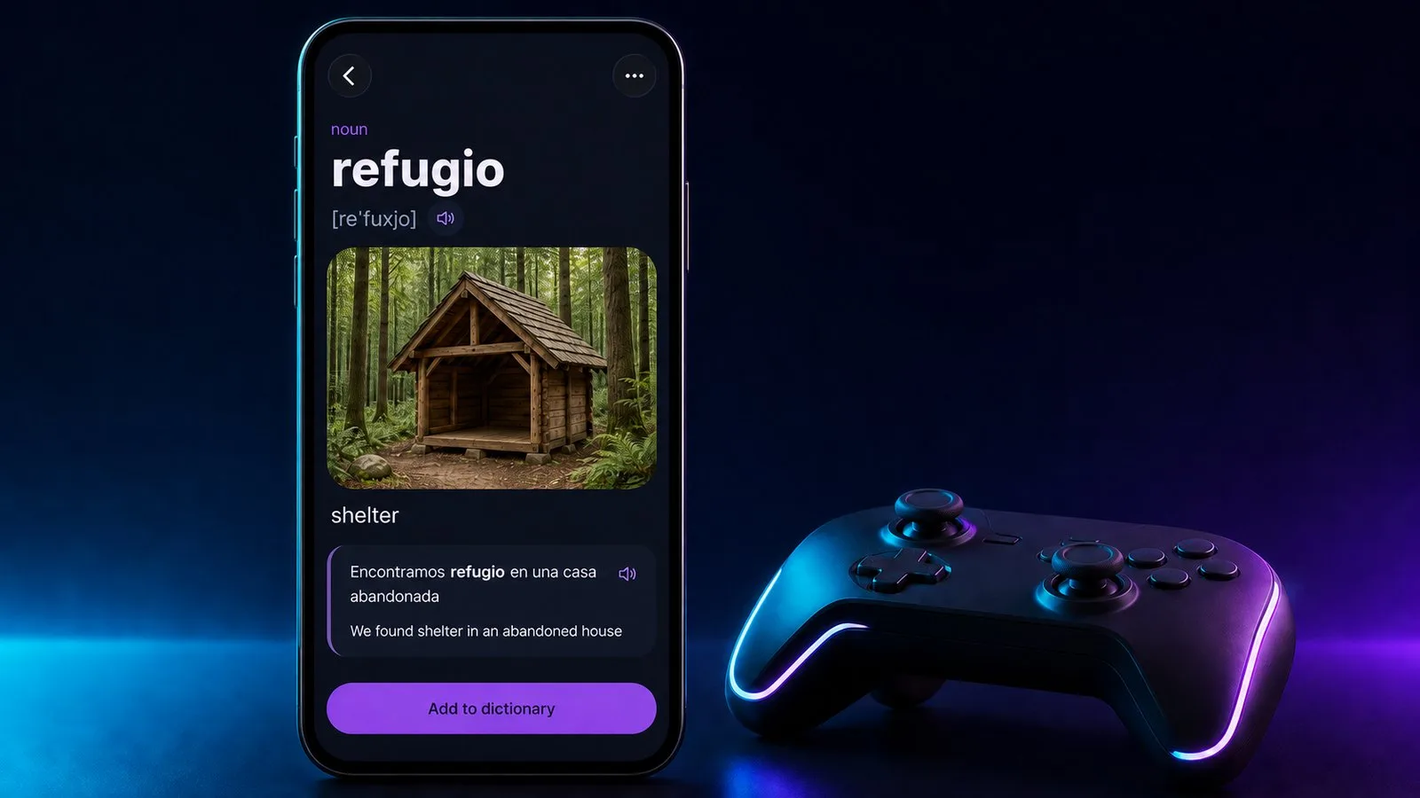 The word card for refugio in the VibeLing app