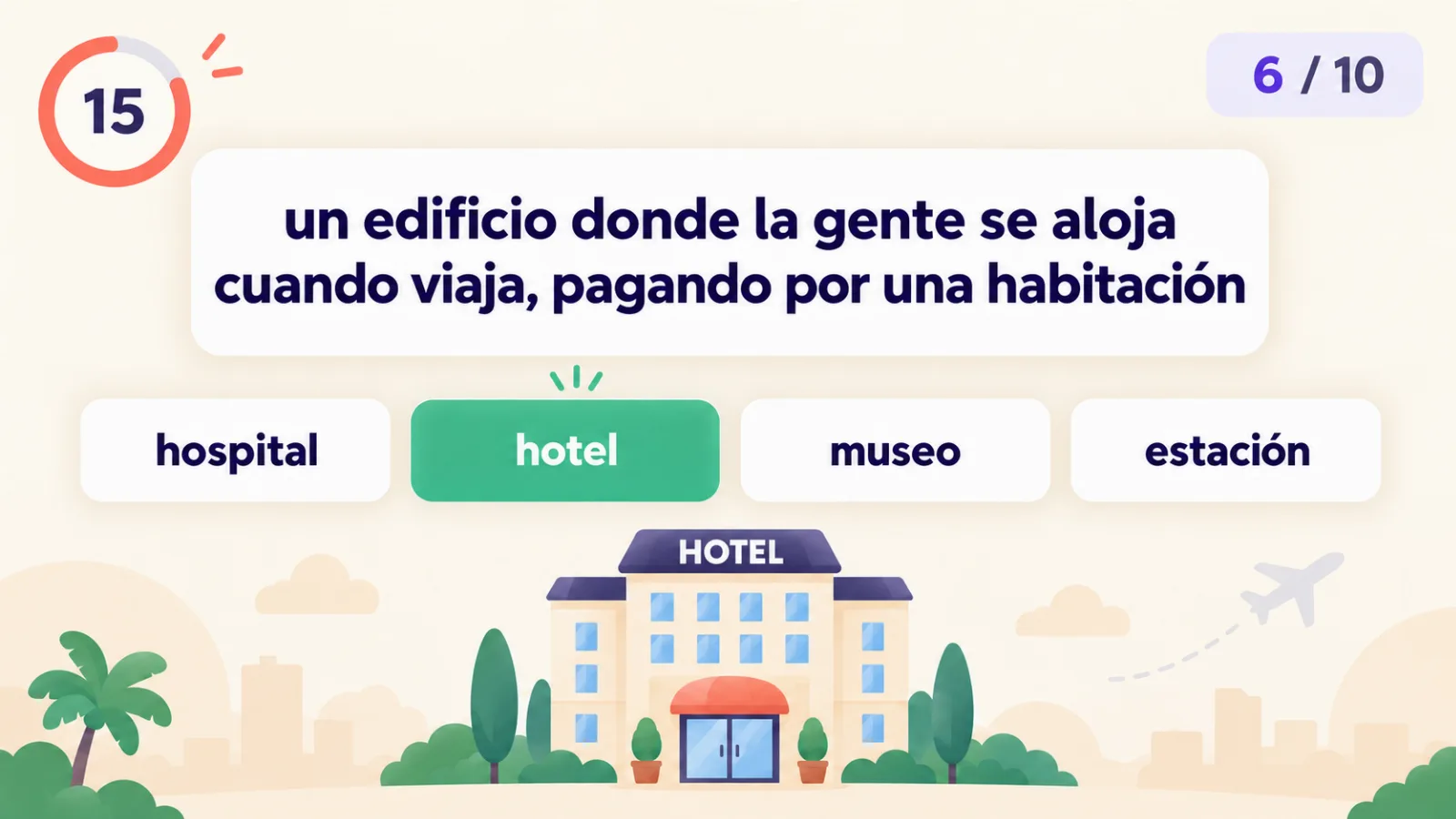 Guess by definition game: a Spanish definition and four words to choose from