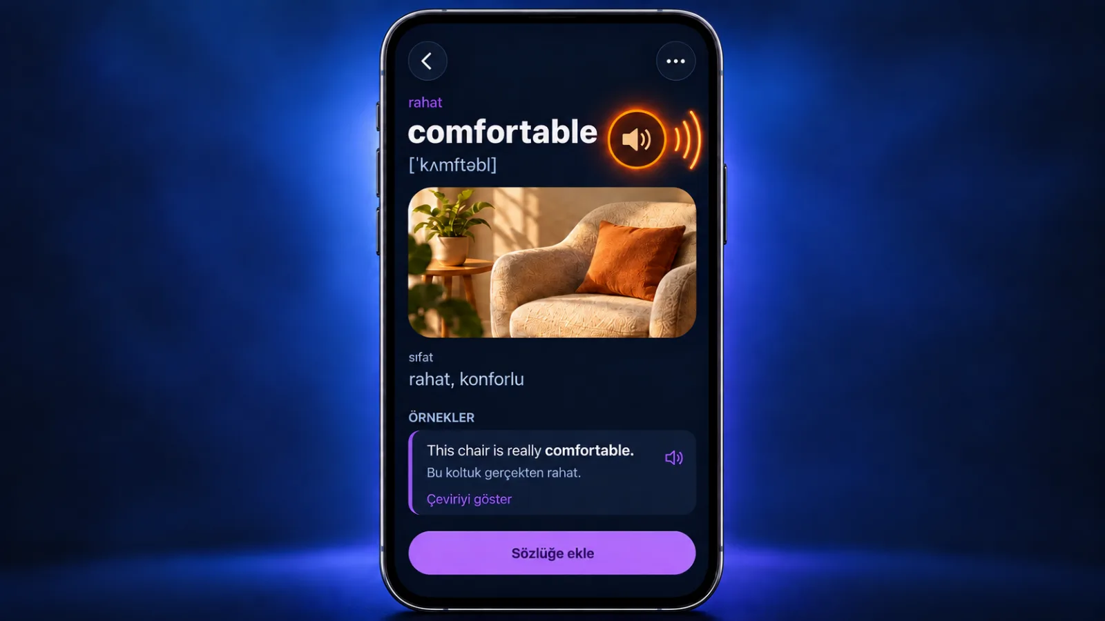VibeLing'de comfortable kelime kartı, ses düğmesi ve transkripsiyonla
