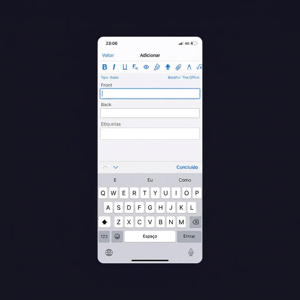 Criação manual de um cartão no Anki: preencher os campos da frente e do verso à mão
