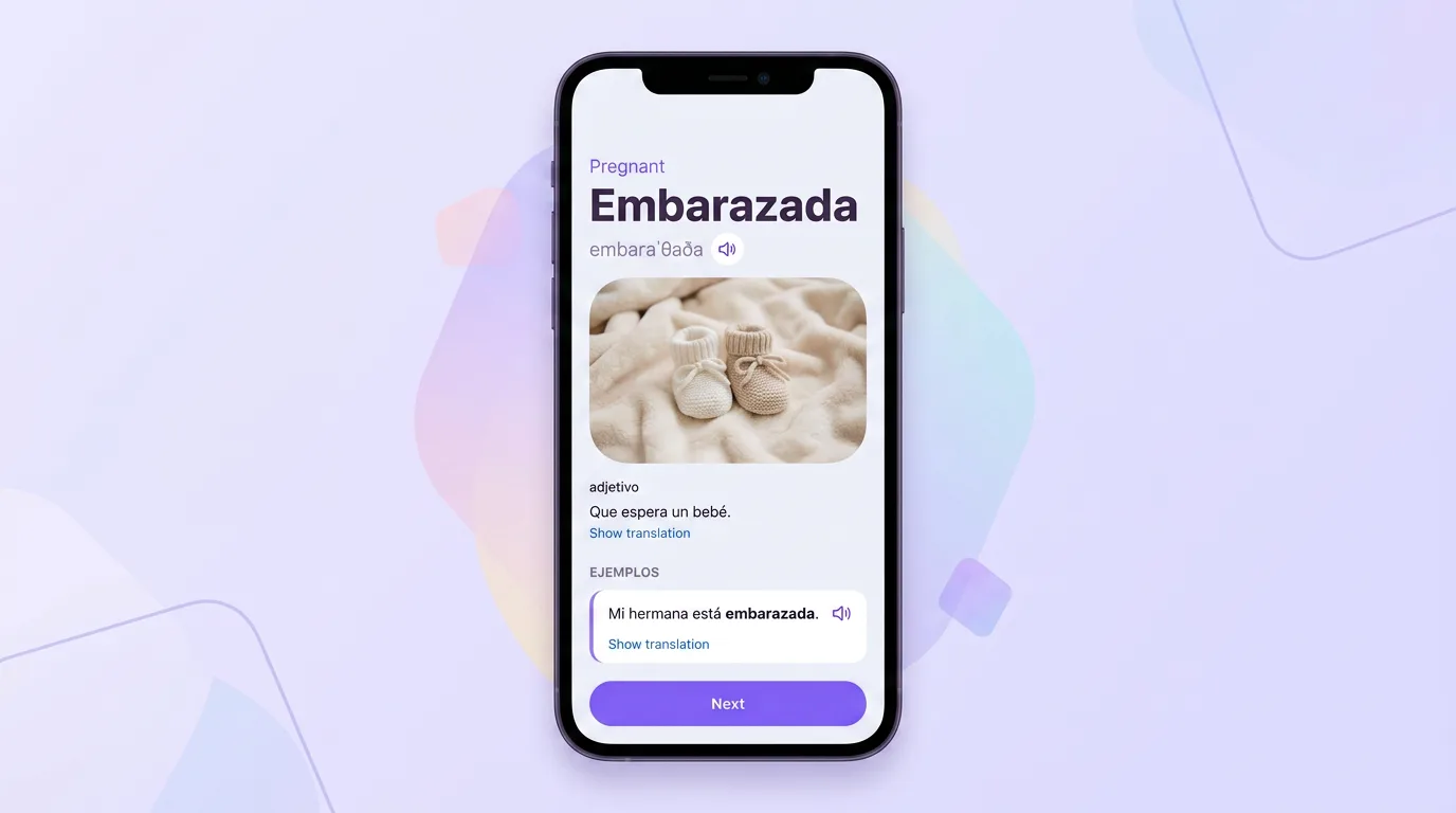 VibeLing word card for embarazada: translation, transcription, definition and example