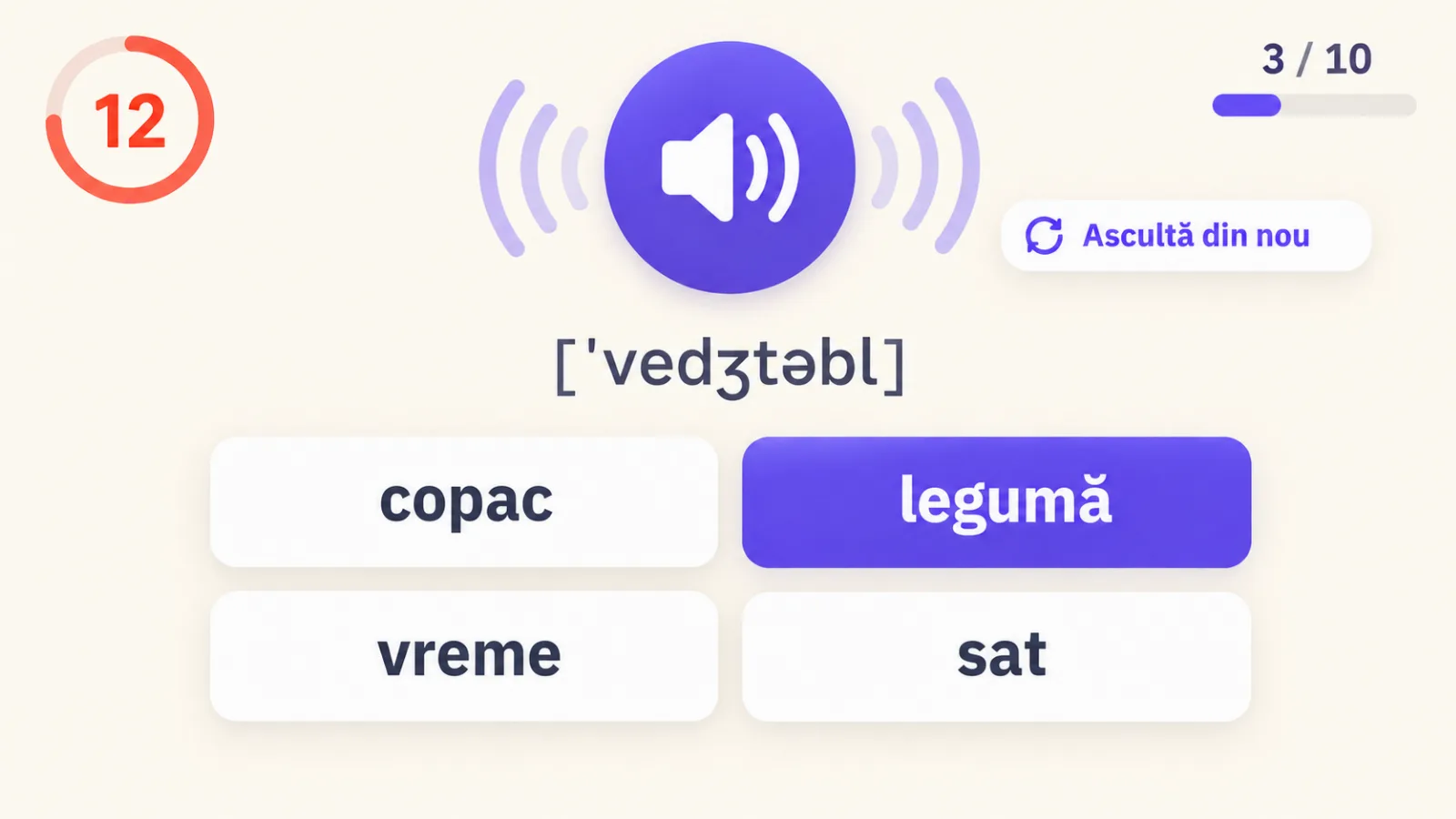 Jocul „Sprint de ascultare”: cuvântul e citit cu voce tare, patru traduceri pe ecran