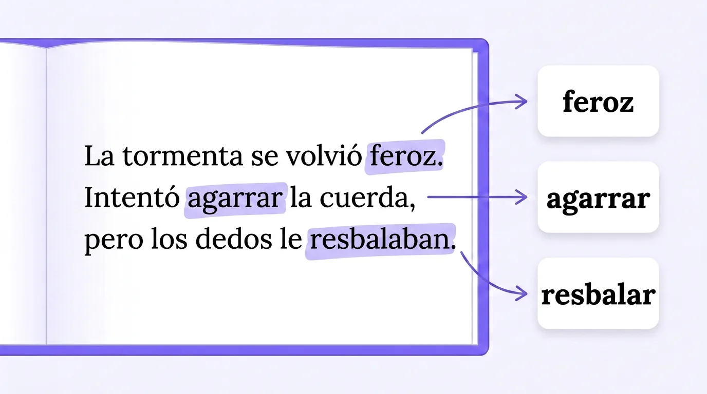 Book page with highlighted Spanish words feroz, agarrar, resbalar and word cards