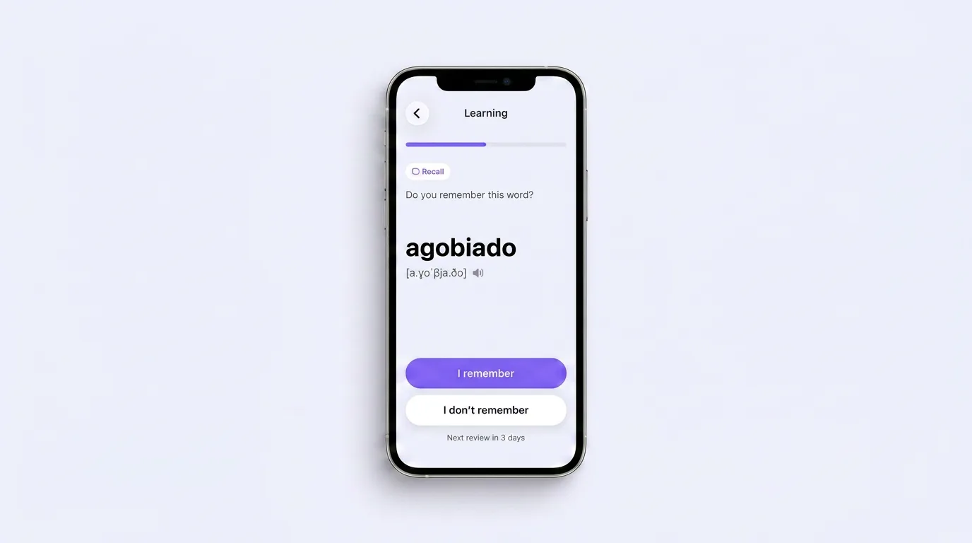VibeLing review screen: the Spanish word agobiado with 'I remember' / 'I don't remember' buttons and the caption 'Next review in 3 days'