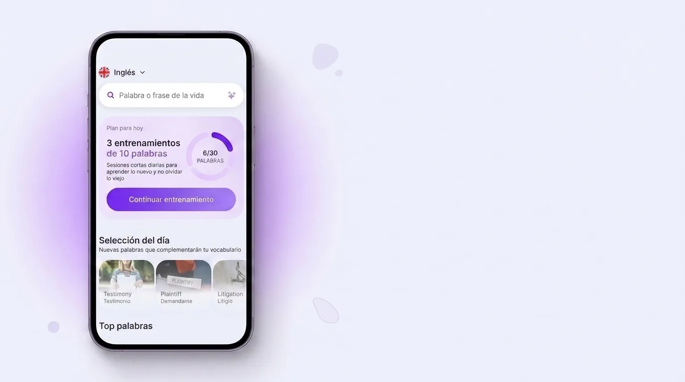 Pantalla de la app VibeLing: plan para hoy con tres entrenamientos de diez palabras y anillo de progreso 6 de 30