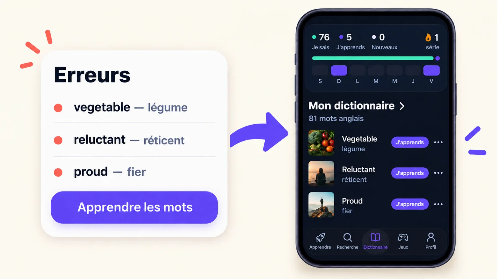 Écran des résultats avec la liste des erreurs et le bouton « Apprendre les mots », à côté du dictionnaire VibeLing contenant ces mots
